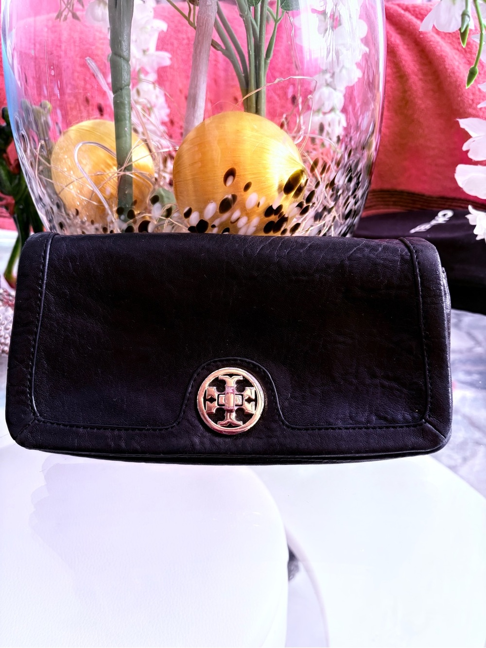 Tory Burch Black Leather Logo Flap Clutch